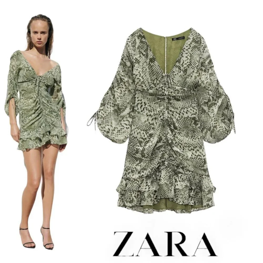 ZARA | Ecru / Green | ANIMAL PRINT DRAPED DRESS